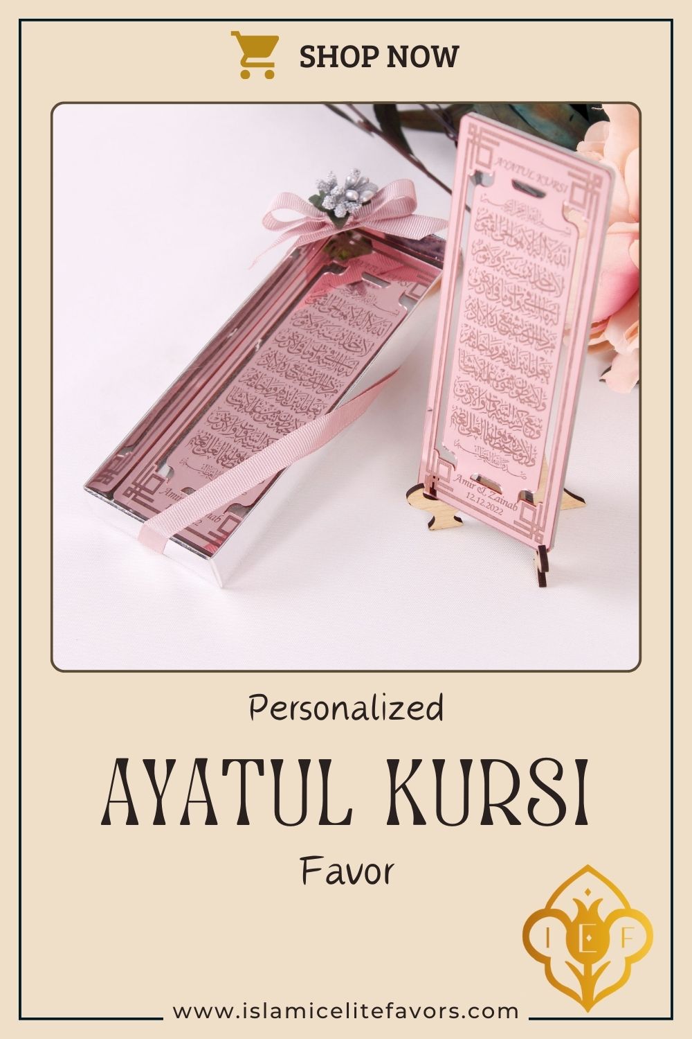 Personalized Wedding Favor Ayatul Kursi on Stand Rose Gold Clear Plexi - Islamic Elite Favors is a handmade gift shop offering a wide variety of unique and personalized gifts for all occasions. Whether you're looking for the perfect Ramadan, Eid, Hajj, wedding gift or something special for a birthday, baby shower or anniversary, we have something for everyone. High quality, made with love.