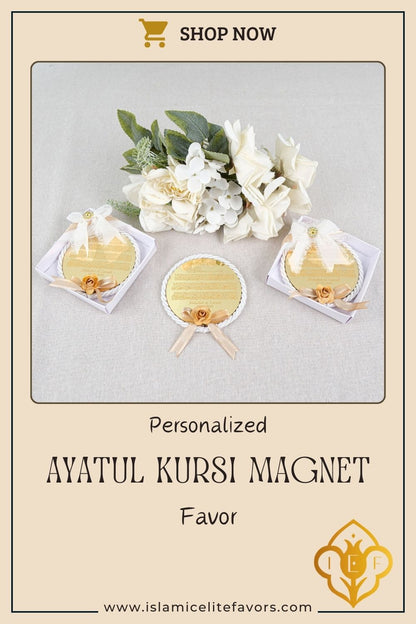 Personalized Handmade Ayatul Kursi Magnet Islam Muslim Party Favor. Explore an exquisite collection of customized Islamic handmade gifts suitable for various occasions, including Weddings, Nikkah ceremonies, Engagements, Baby Showers, Bridal Showers, Birthdays, Ameen celebrations, Islamic parties, Ramadan, Eid, Hajj, Umrah, Mother’s Day, Father’s Day, Valentine’s Day, Anniversaries, and Graduations. Each gift is thoughtfully crafted to reflect the essence of these special moments.