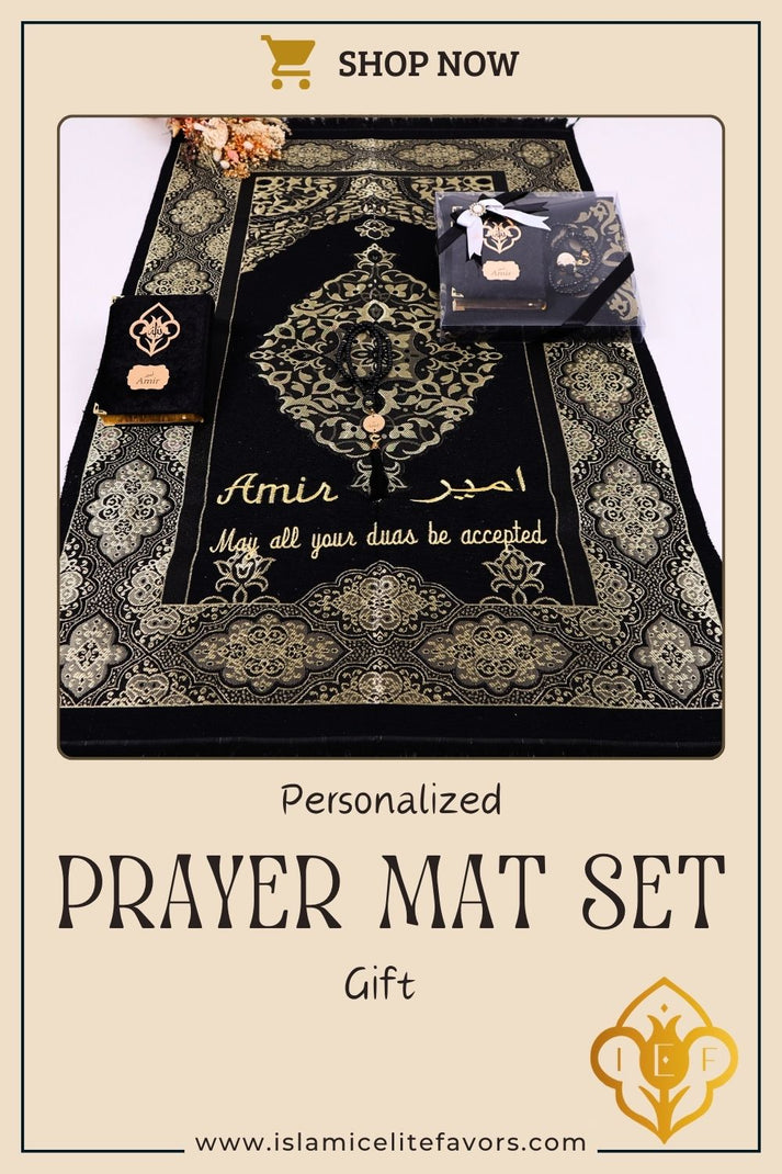 Embroidered Islamic Prayer Mat Gift Box Set with Prayer Beads - Black