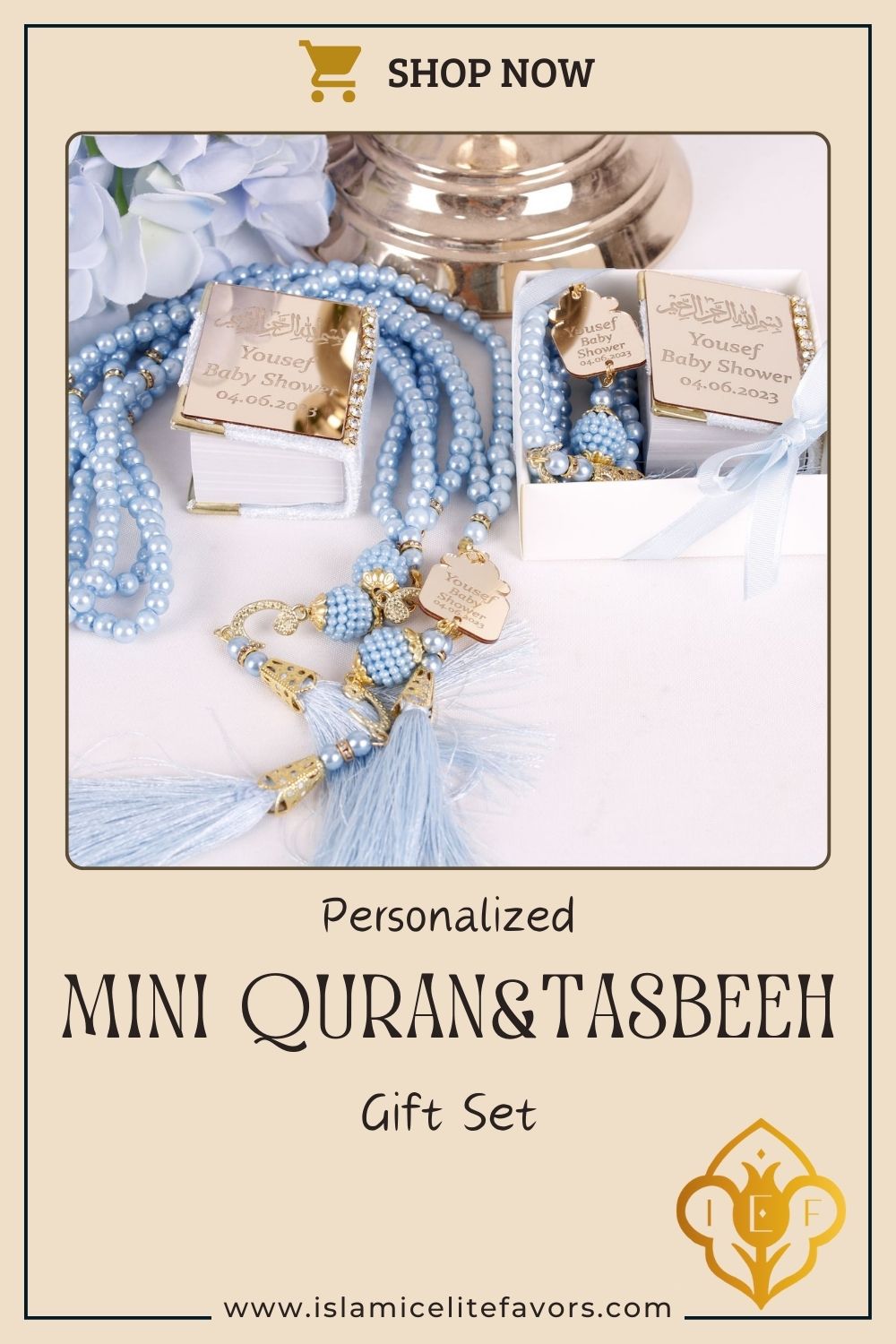 Personalized Mini Quran Pearl Prayer Beads Baby Shower Favor for Boys