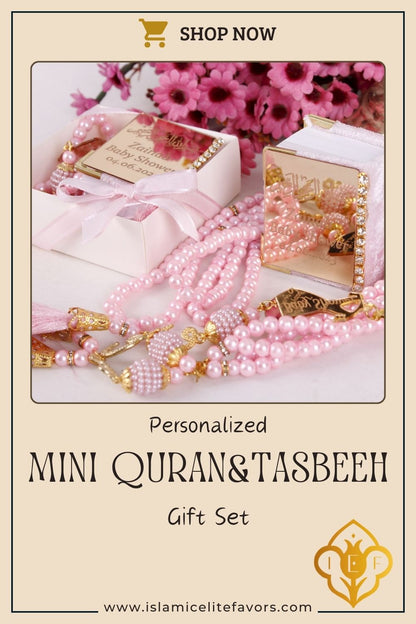 Personalized Mini Quran Pearl Prayer Beads Baby Shower Favor for Girls