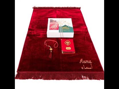 Personalized Elegant Velvet Prayer Mat Quran Tasbeeh Islamic Gift Set