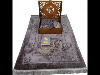 Personalized Plush Prayer Mat Velvet Quran Crystal Tasbeeh Wooden Box