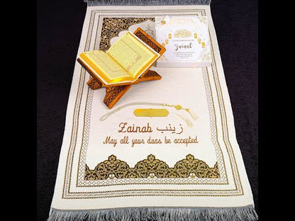 Personalized English Translated Quran Prayer Mat Tasbeeh Islamic Gift Set, Ramadan Eid Hajj Umrah Birthday Muslim Gift