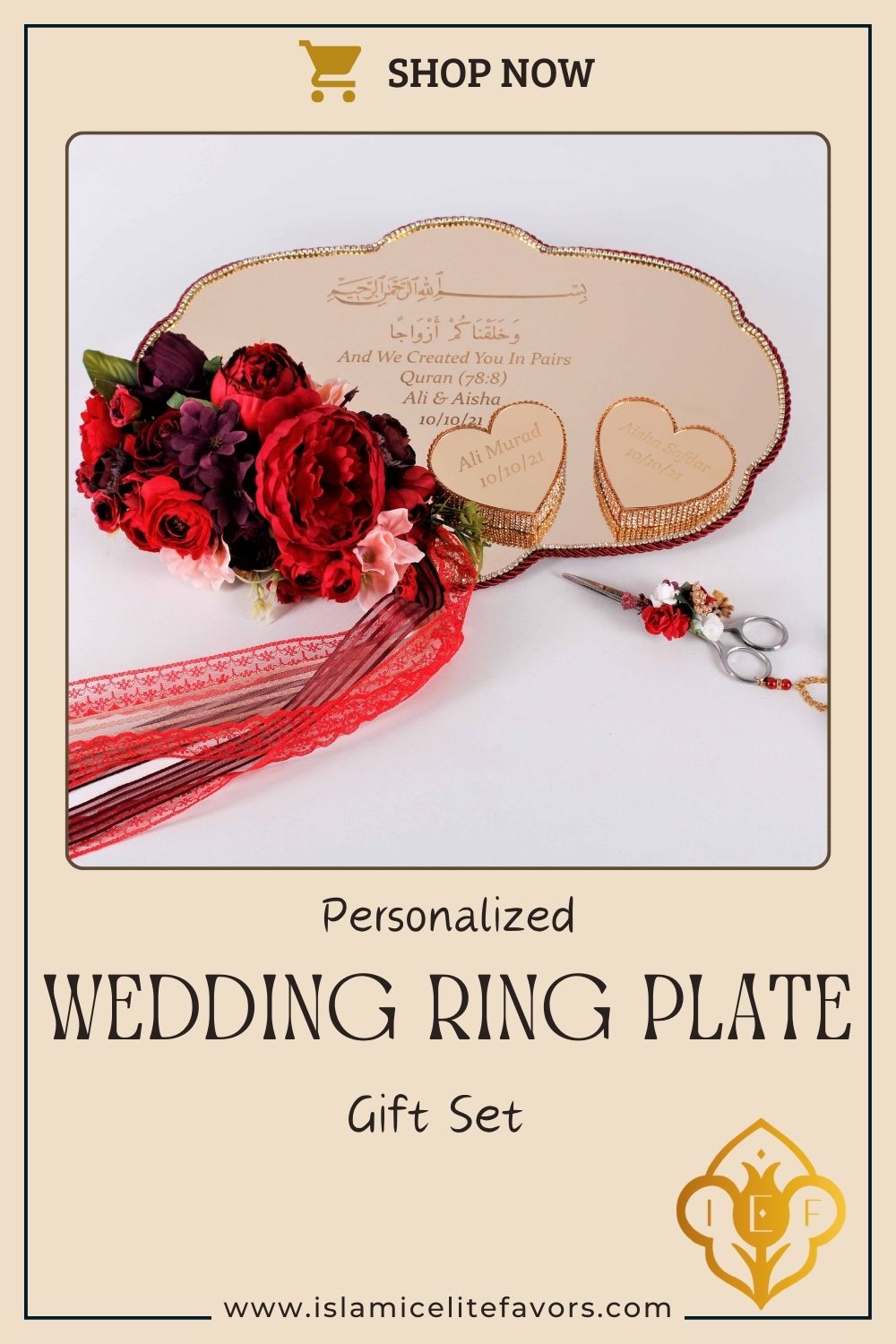 Personalized Wedding Ring Plate Heart Shape Ring Box Scissor Gift Set - Islamic Elite Favors is a handmade gift shop offering a wide variety of unique and personalized gifts for all occasions. Whether you're looking for the perfect Ramadan, Eid, Hajj, wedding gift or something special for a birthday, baby shower or anniversary, we have something for everyone. High quality, made with love.