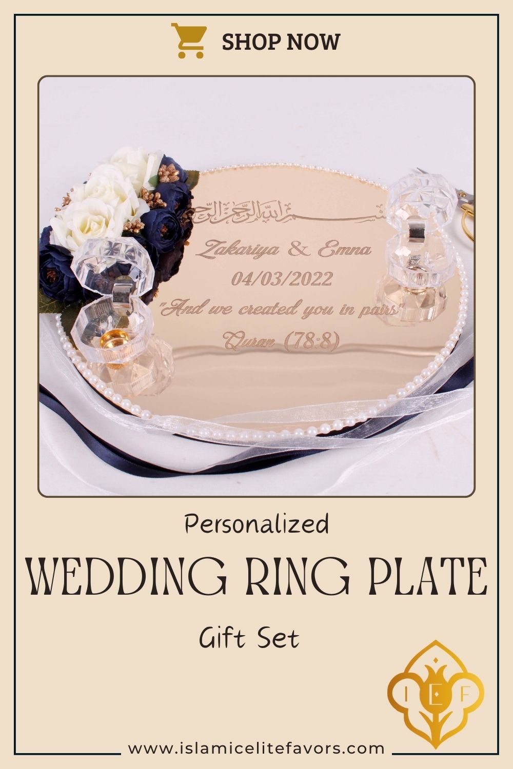 Personalized Wedding Ring Plate Ring Box Scissor Gift Set - Islamic Elite Favors is a handmade gift shop offering a wide variety of unique and personalized gifts for all occasions. Whether you're looking for the perfect Ramadan, Eid, Hajj, wedding gift or something special for a birthday, baby shower or anniversary, we have something for everyone. High quality, made with love.