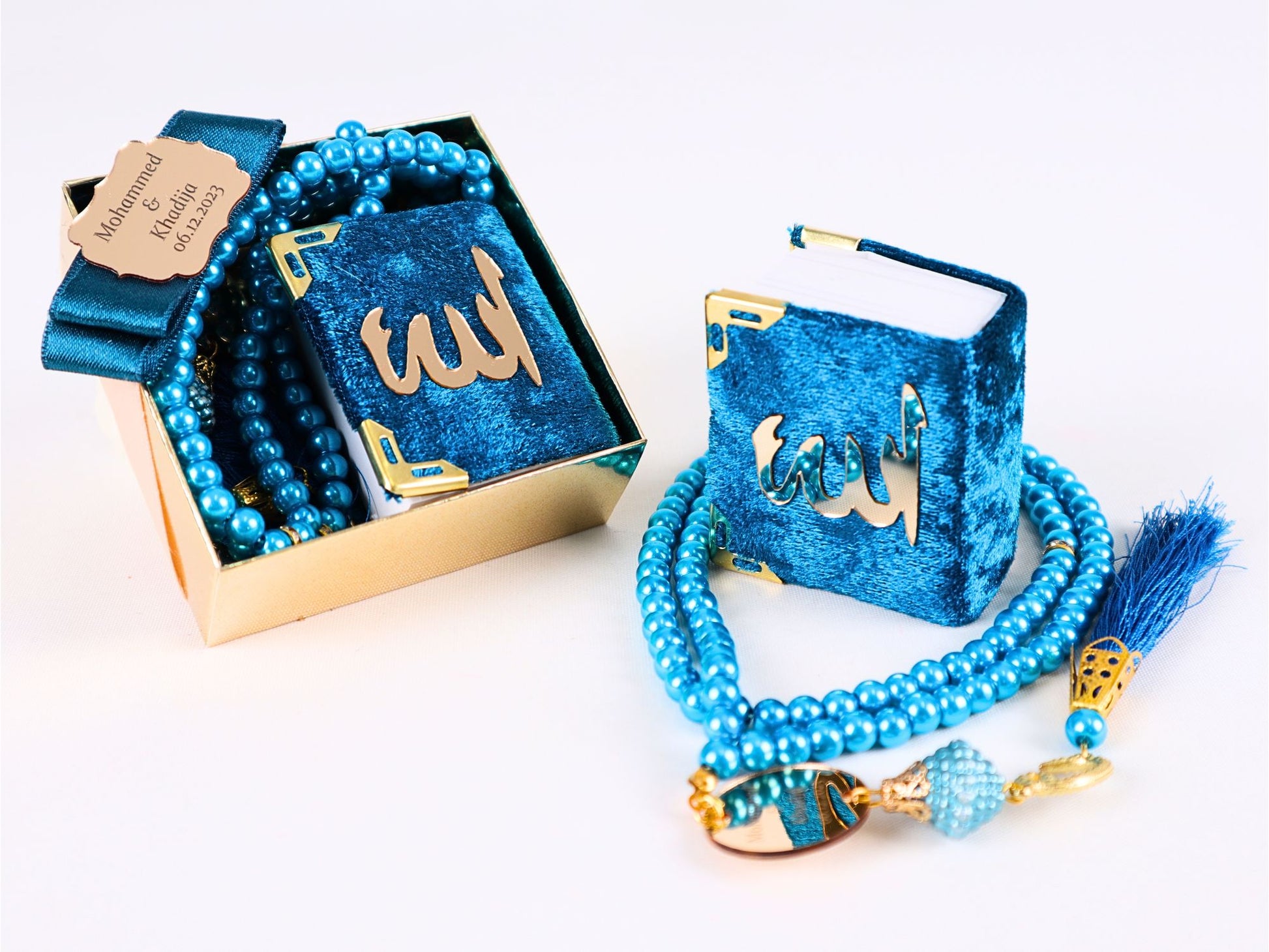 Personalized Mini Quran Pearl Prayer Bead Gold Tag Décor Wedding Favor - Islamic Elite Favors is a handmade gift shop offering a wide variety of unique and personalized gifts for all occasions. Whether you're looking for the perfect Ramadan, Eid, Hajj, wedding gift or something special for a birthday, baby shower or anniversary, we have something for everyone. High quality, made with love.