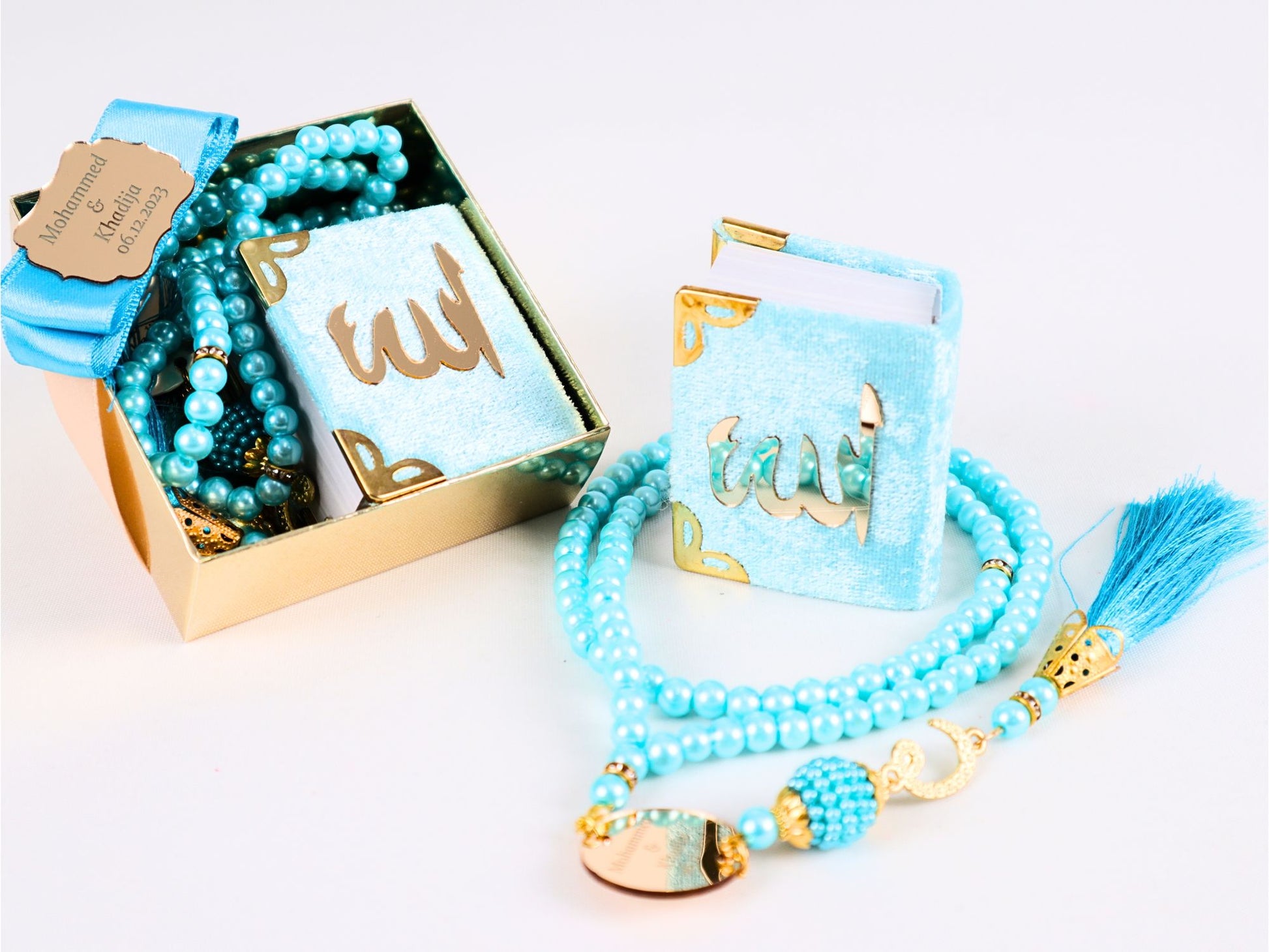 Personalized Mini Quran Pearl Prayer Bead Gold Tag Décor Wedding Favor - Islamic Elite Favors is a handmade gift shop offering a wide variety of unique and personalized gifts for all occasions. Whether you're looking for the perfect Ramadan, Eid, Hajj, wedding gift or something special for a birthday, baby shower or anniversary, we have something for everyone. High quality, made with love.