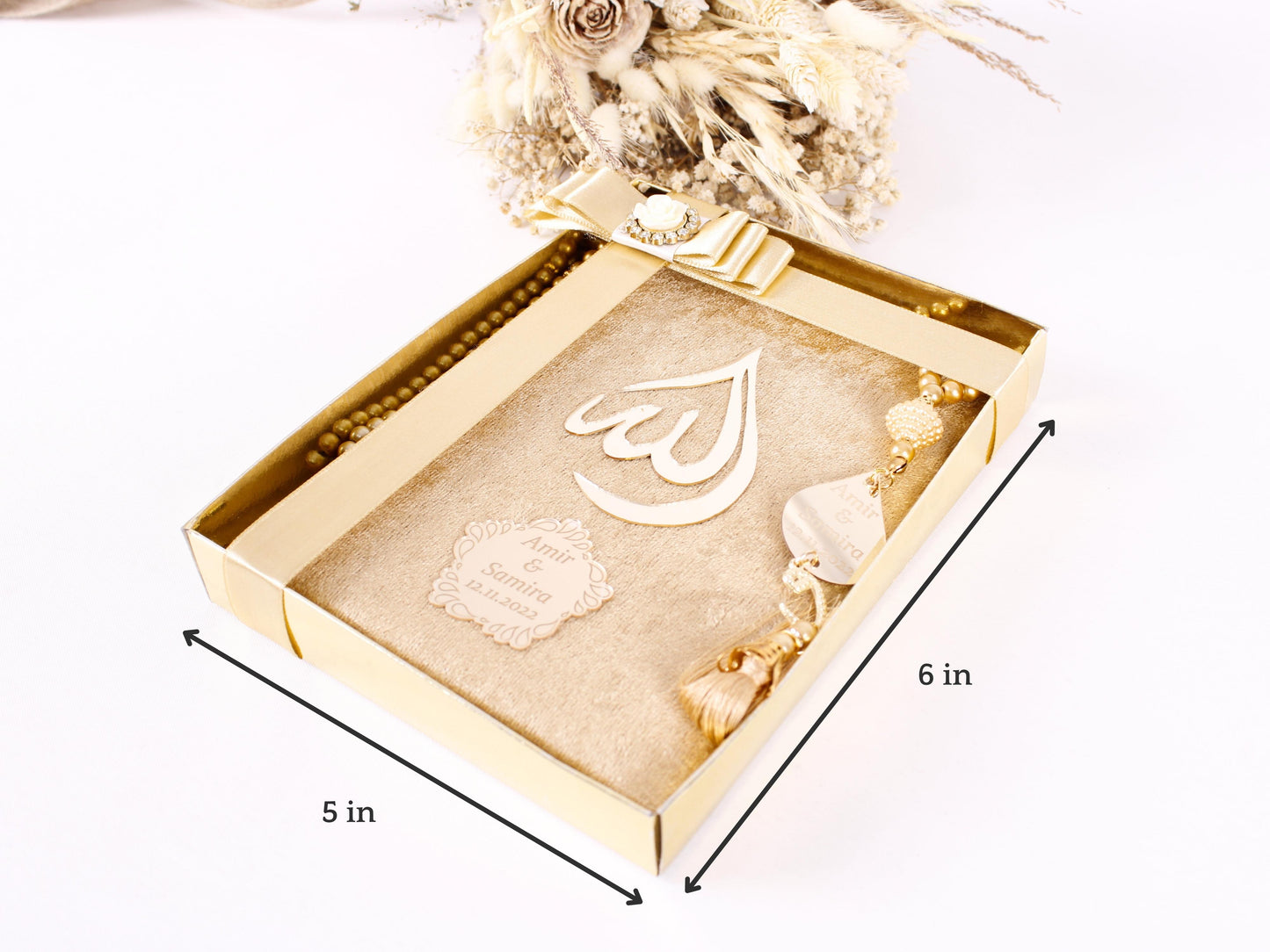 Personalized Gold Velvet Dua Book Pearl Prayer Beads Wedding Favor