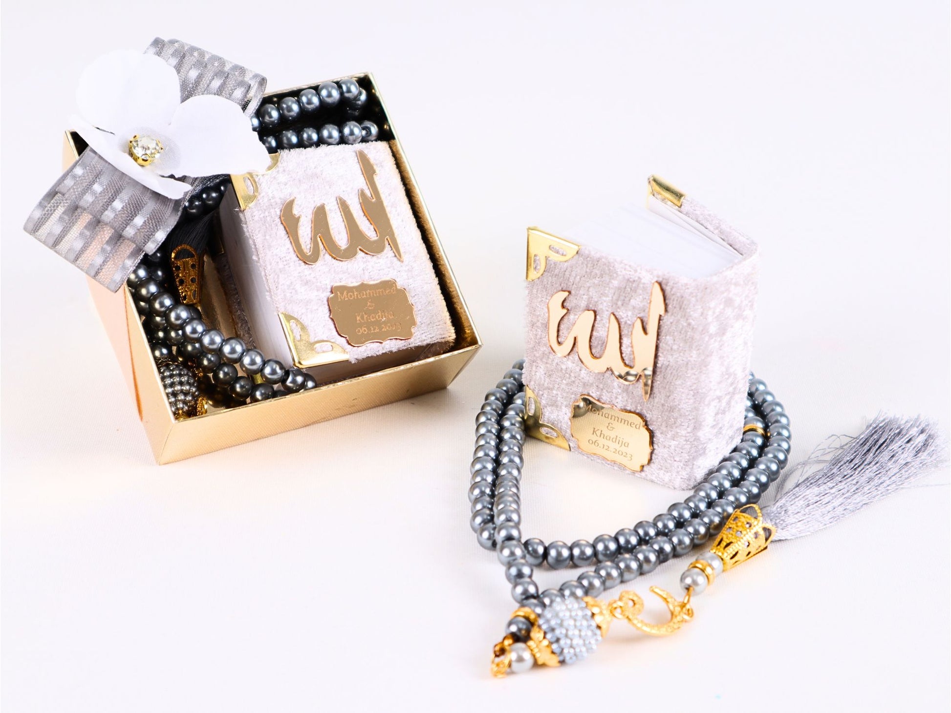 Personalized Mini Quran Pearl Prayer Beads Rose Décor Wedding Favor - Islamic Elite Favors is a handmade gift shop offering a wide variety of unique and personalized gifts for all occasions. Whether you're looking for the perfect Ramadan, Eid, Hajj, wedding gift or something special for a birthday, baby shower or anniversary, we have something for everyone. High quality, made with love.
