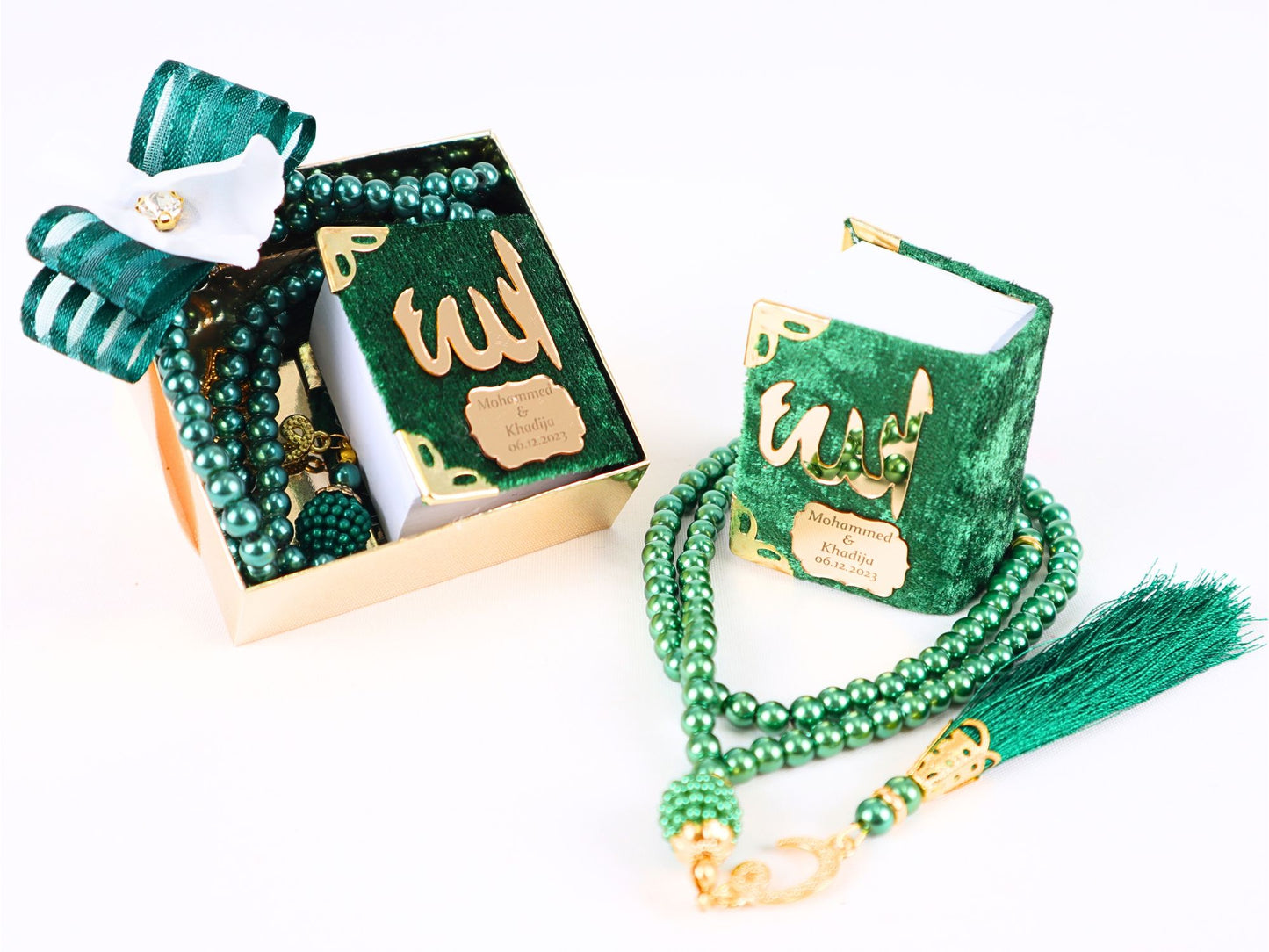 Personalized Mini Quran Pearl Prayer Beads Rose Décor Wedding Favor