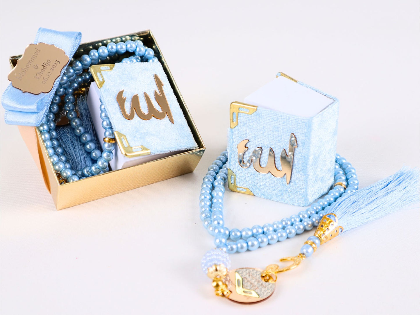 Personalized Mini Quran Pearl Prayer Bead Gold Tag Décor Wedding Favor