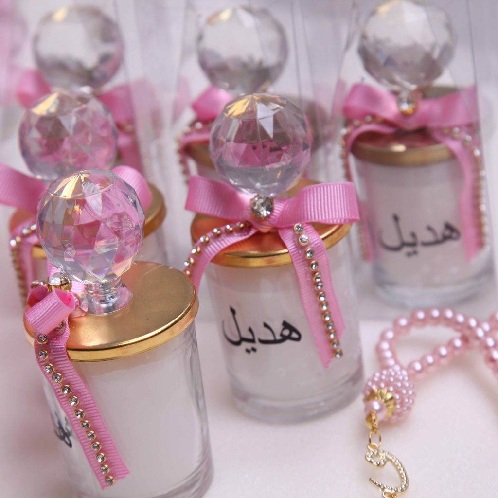 Personalized Baby Shower Favor Heavy Glass Candle Holder Pink Theme