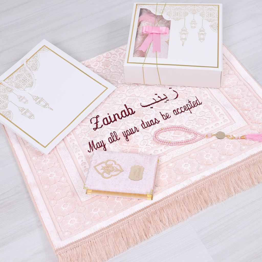 Personalized Heavy Velvet Prayer Mat Quran Tasbeeh Islamic Gift Set