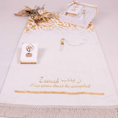 Personalized Green Luxury Thick Padded Prayer Mat Velvet Quran Pearl Prayer Beads Islamic Gift Set