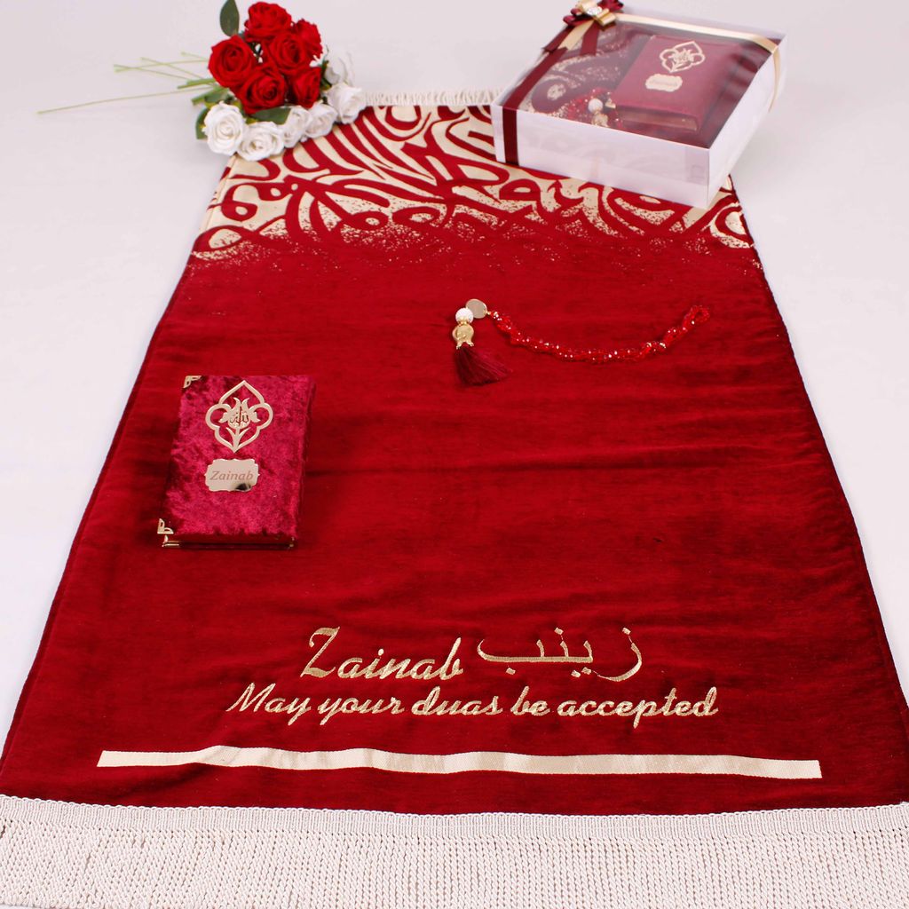 Personalized Teal Luxury Thick Padded Prayer Mat Velvet Quran Pearl Prayer Beads Islamic Gift Set