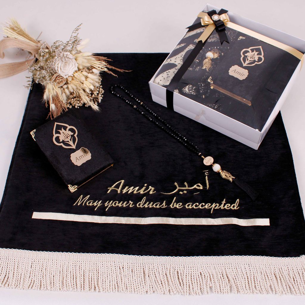 Personalized Black Luxury Thick Padded Prayer Mat Velvet Quran Pearl Prayer Beads Islamic Gift Set
