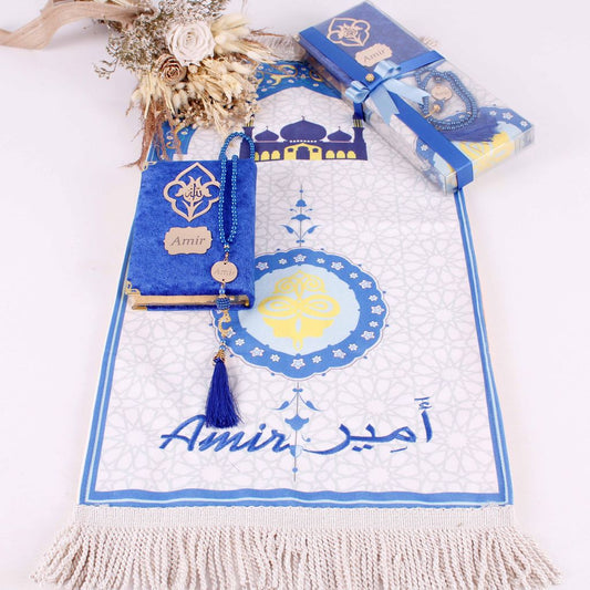 Personalized Kid Teen Size Blue Double Layered Soft Prayer Mat Quran Prayer Beads Gift Set