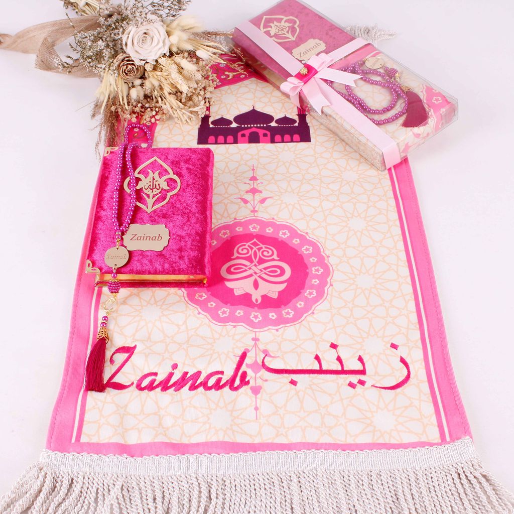 Personalized Kid Teen Size Blue Double Layered Soft Prayer Mat Quran Prayer Beads Gift Set