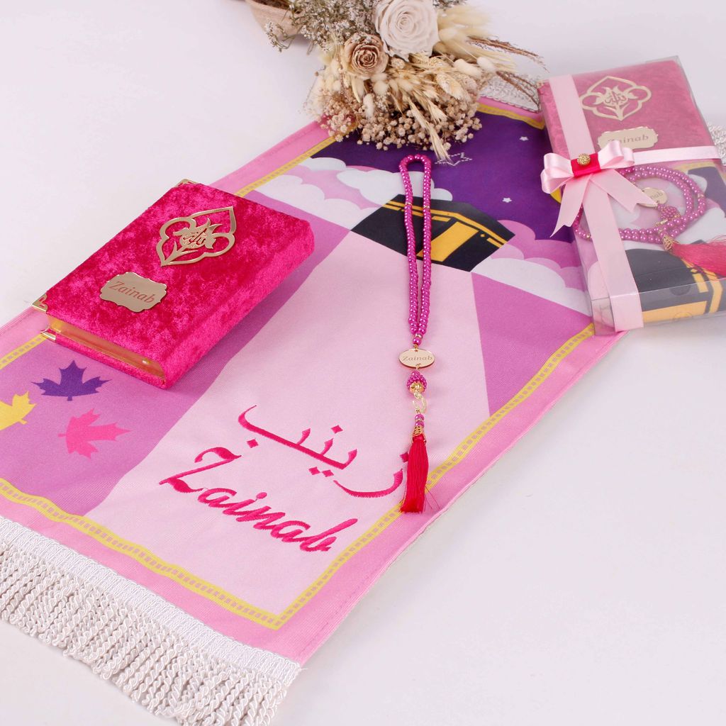 Personalized Soft Prayer Mat for Kids Quran Tasbeeh Islamic Gift Set