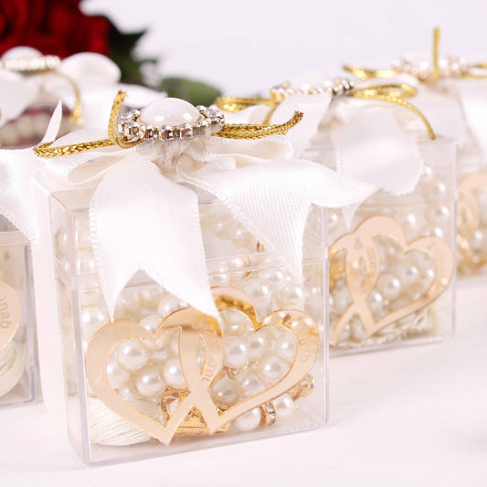 Personalized Prayer Bead Wedding Favor Decorated Box with Double Heart