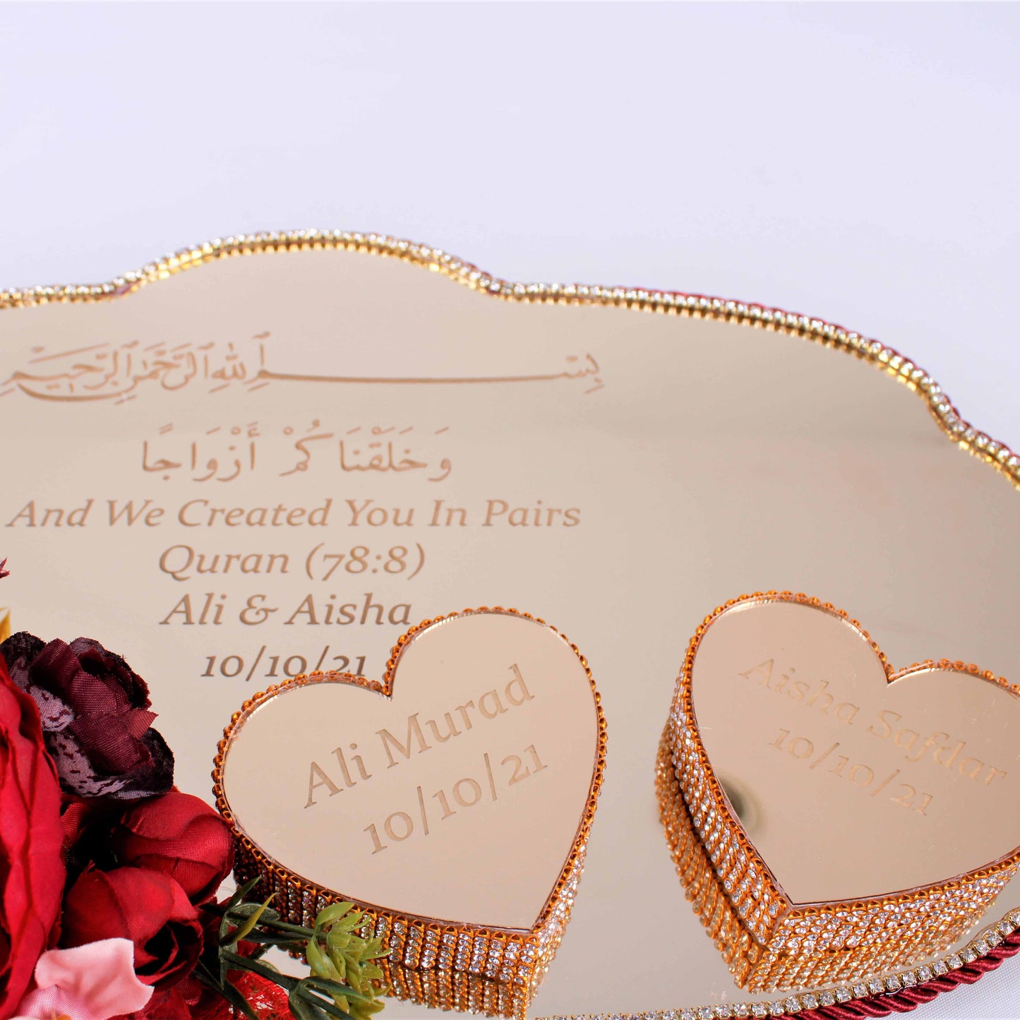 Personalized Wedding Ring Plate Heart Shape Ring Box Scissor Gift Set - Islamic Elite Favors is a handmade gift shop offering a wide variety of unique and personalized gifts for all occasions. Whether you're looking for the perfect Ramadan, Eid, Hajj, wedding gift or something special for a birthday, baby shower or anniversary, we have something for everyone. High quality, made with love.