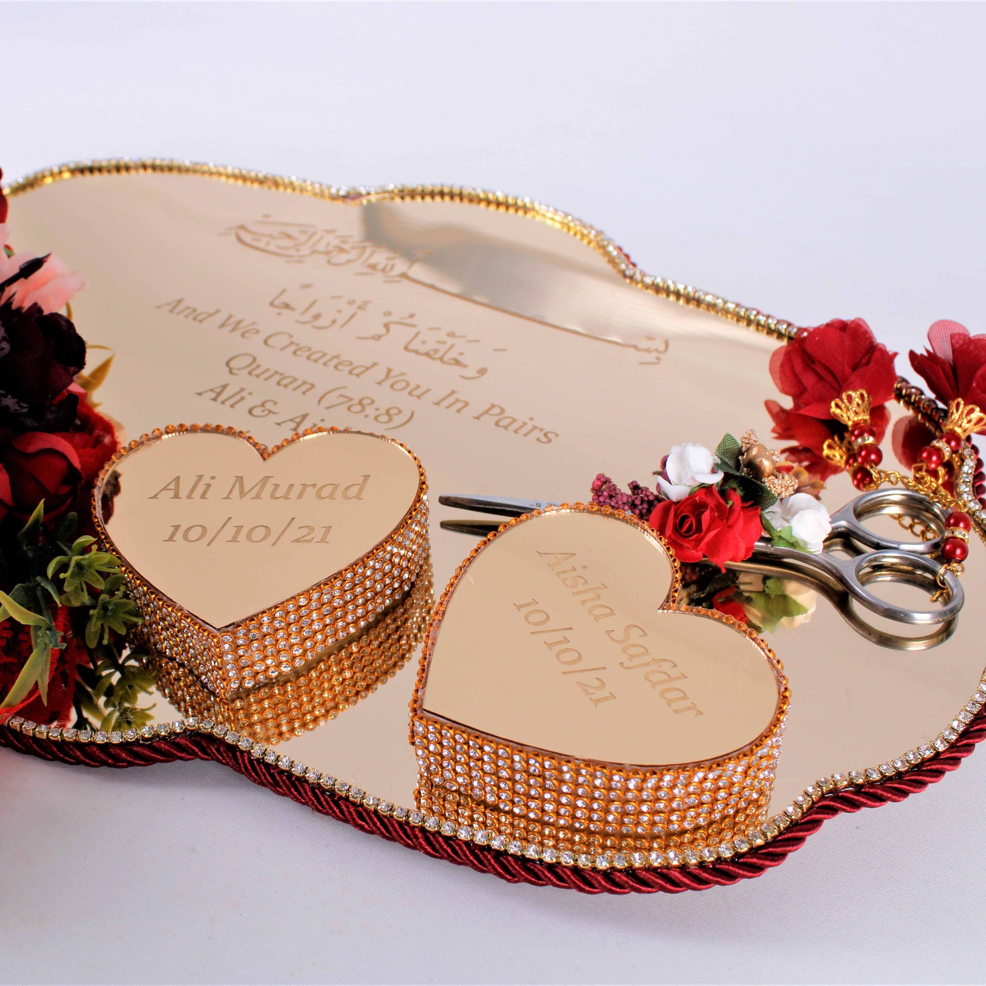 Personalized Wedding Ring Plate Heart Shape Ring Box Scissor Gift Set - Islamic Elite Favors is a handmade gift shop offering a wide variety of unique and personalized gifts for all occasions. Whether you're looking for the perfect Ramadan, Eid, Hajj, wedding gift or something special for a birthday, baby shower or anniversary, we have something for everyone. High quality, made with love.