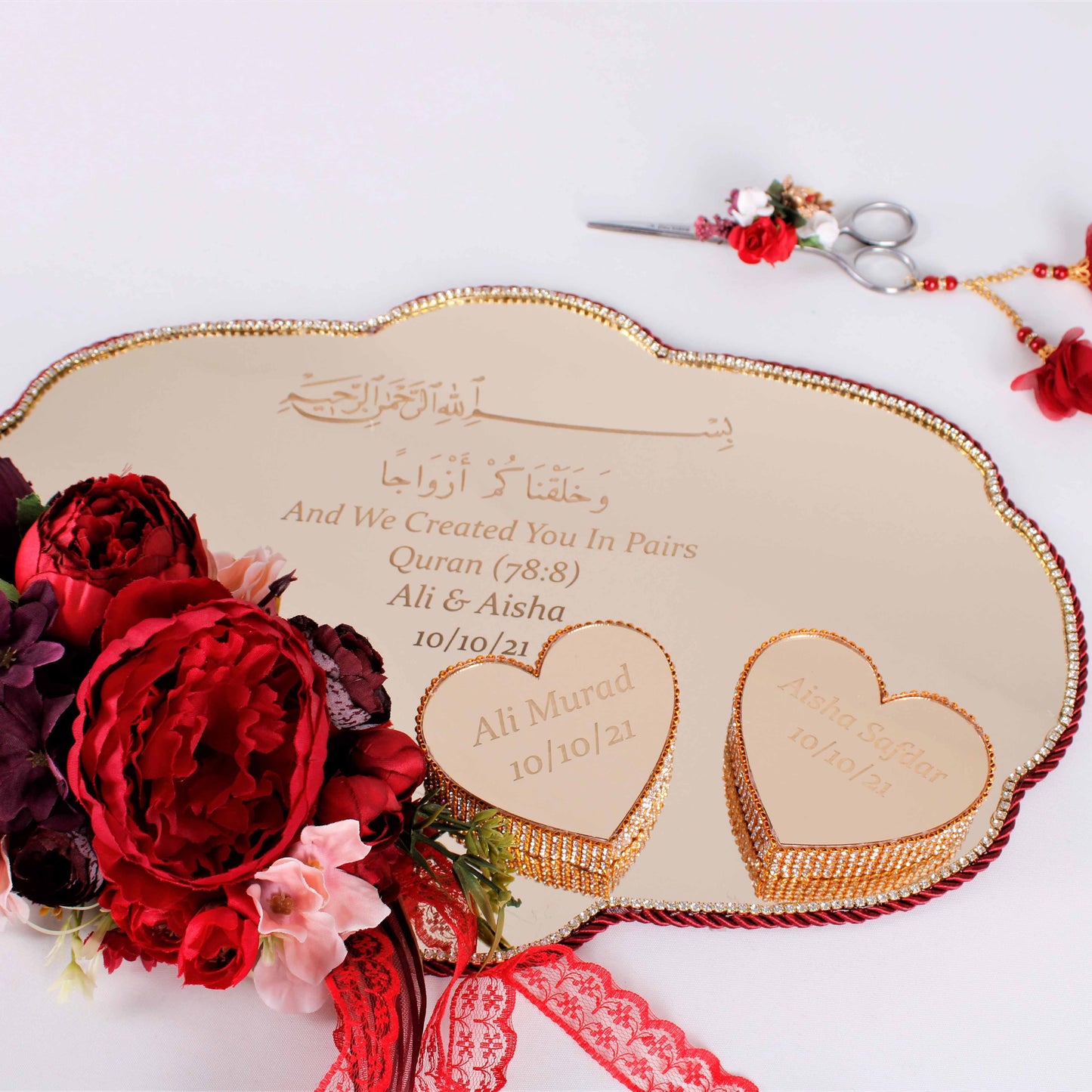 Personalized Wedding Ring Plate Heart Shape Ring Box Scissor Gift Set - Islamic Elite Favors is a handmade gift shop offering a wide variety of unique and personalized gifts for all occasions. Whether you're looking for the perfect Ramadan, Eid, Hajj, wedding gift or something special for a birthday, baby shower or anniversary, we have something for everyone. High quality, made with love.