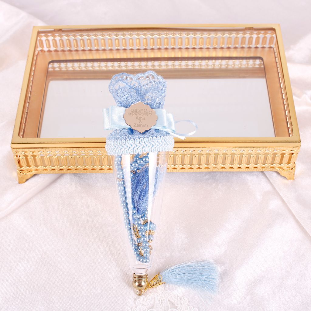 Personalized Luxury Pearl Prayer Beads in Decorated Cone Wedding Shower Favor