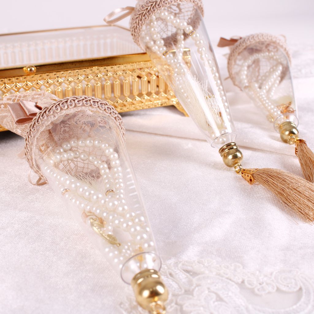 Personalized Luxury Pearl Prayer Beads in Decorated Cone Wedding Shower Favor