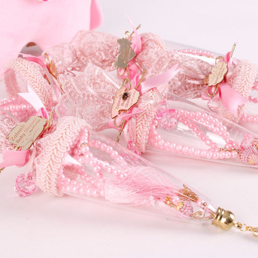 Personalized Pink Luxury Pearl Prayer Beads in Decorated Cone Baby Shower Favor