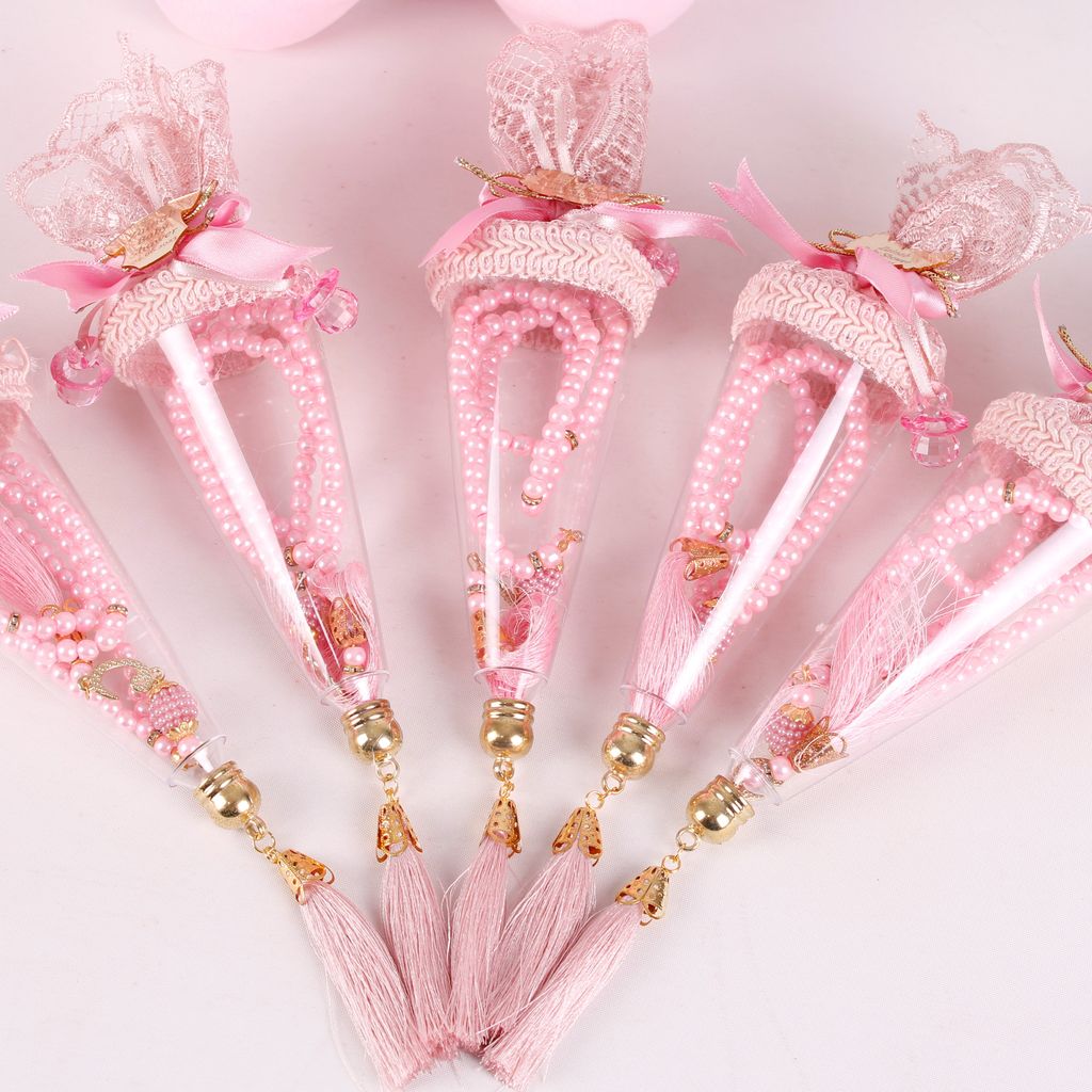 Personalized Pink Luxury Pearl Prayer Beads in Decorated Cone Baby Shower Favor