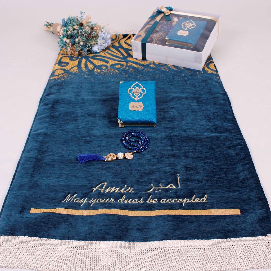 Personalized Teal Luxury Thick Padded Prayer Mat Velvet Quran Pearl Prayer Beads Islamic Gift Set