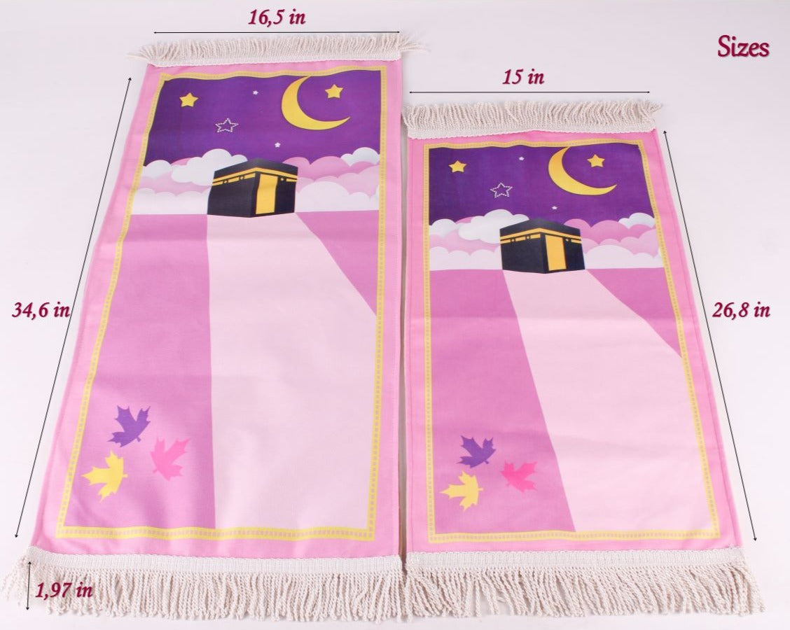 Personalized Kid Teen Size Kaaba Design Pink Double Layered Soft Prayer Mat Quran Prayer Beads Gift Set